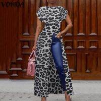 ❆⊕๑ VONDA Women Casual Printed Leopard Elegant High Split Long Top