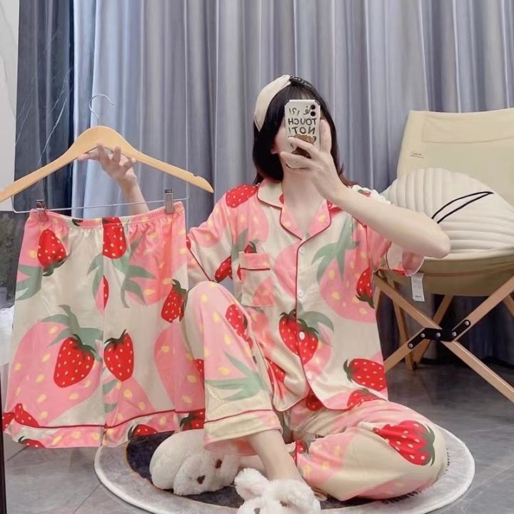 terno-ชุดนอนสตรีแบบแพมบาเฮย์ชุดนอนผู้หญิงสำหรับใส่นอน-wottie-2022-3in1น่ารักพิมพ์ลายน่ารักชุดนอนผ้าฝ้ายสไตล์เกาหลีเทิร์นโนแขนสั้นและชุดนอน
