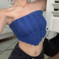 ผู้หญิงถักพืชผอม Tops, Strapless สีทึบไม่มีแขนกุ๊นผ้าเช็ดหน้าเสื้อทรงตรง