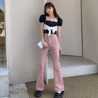 CHUUCHOP_พร้อมส่ง(C7051) ?? BABY CHECKERED pants กางเกงขายาวลายตารางโทนชมพู มี3ขนาด