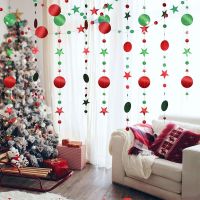 Christmas Party Red Green Stars Round Pull Flag / Living Room Ceiling Xmas Cartoon Paper Banner Decoration