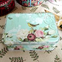 Large Rectangular Flower Bird Cookies Tin Box With Lid Metal Candy Chocolate Home Organizer Coffee Sugar Tea Container Storage Boxes