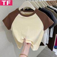 210G 92 Cotton 8 Spandex Short Contrast Color Raglan T-shirt for Women Summer Design Versatile Slim-Fit Crop-Top Women