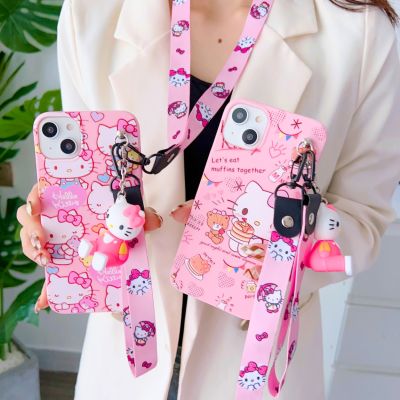 [Yellow peach flavor]Hello Kitty เชือกเคสมีขาตั้งสำหรับ Samsung Galaxy,A71 A11 A12 A51 A52 A22 A02s A32 A72 A13 A53 A04s A23 A73