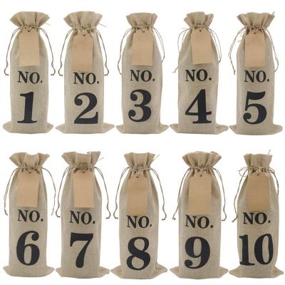 10Pcs Burlap Wine Bags with Tags for Blind Wine Tasting, Numbered Hessian Cloth Glass Bottle Gift Bags for Christmas Wedding Party Decoration
