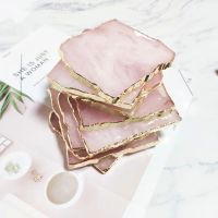 1Pcs Nordic Natural Rose Quartz Coaster Round Heart shaped Crystal Plate Gold Electroplated for Cup Jewelry Nail Polish Display