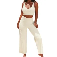 Women Knitted Plush Two Piece Set Sexy V Neck Fluffy Tank Crop Top High Waist Pants Outfit Home Suit