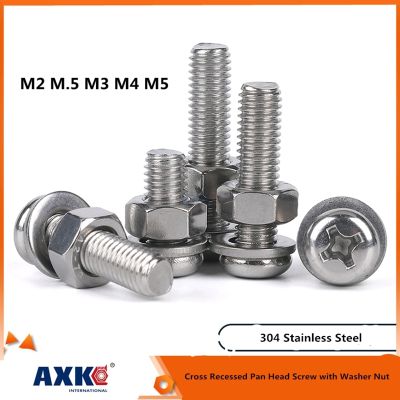 304 Stainless Steel screw Sets Cross Recessed Pan Head Screw with Washer Nut M2 M2.5 M3 M4 M5 Three Combination Machine screw Nails Screws Fasteners