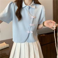 Summer New Chinese Style Women Shirts Elegant Vintage Cheongsam Buckle Blouses Fashion Stand Collar Short Sleeve Crop Tops Haberdashery