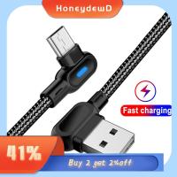 HONEYDEWD Android ไนลอนถัก มุม 90° ไมโคร USB ชนิด C สาย USB การชาร์จอย่างรวดเร็ว สายเคเบิลข้อมูลโทรศัพท์มือถือ