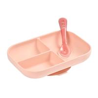 ชุดจานซิลิโคนก้นดูด แบบแบ่งช่องพร้อมช้อนซิลิโคน BEABA Silicone suction divided plate with spoon - Nude