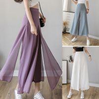 Women Ice Silks Chiffon Wide-Legged Pants Summer Casual Loose Fake Two Piece Pants Skirt Fashion Beach Pants Plus Size Trousers