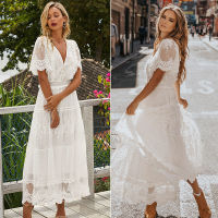 Hollow Out White Dress Sexy Women Long Lace Dress Semi-Sheer Plunge V-Neck Short Sleeve Lace Maxi Dress