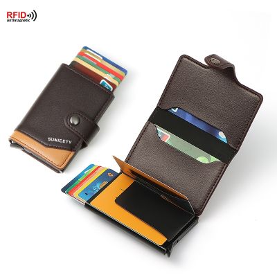 （Layor wallet） กล่องอลูมิเนียมโลหะแบบยุโรปและอเมริกา,กล่องบัตรเครดิต RFID ที่ใส่การ์ดหนัง PU แบบป๊อปอัพอัตโนมัติสำหรับผู้ชาย