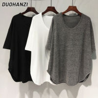 DUOHANZI เสื้อคอวีแขนสั้นผู้หญิง,เสื้อคอวีแขนสั้นยาวปานกลางเรียบง่ายผ้าฝ้ายขนาดใหญ่สีทึบ