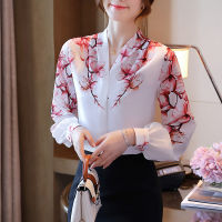 เสื้อทำงานพิมพ์ลายดอกไม้สำหรับผู้หญิง,เสื้อแขนยาวสีขาวสไตล์เกาหลีทรงโคมไฟฤดูใบไม้ร่วง