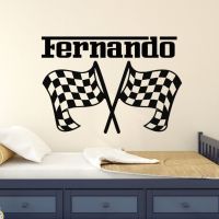 Nursery Decor Personalized Name Wall Sticker Car Racing Wall Decal Race Flags Wall Art Mural Removable Custom Name Decals
