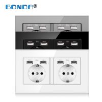 ◐✴ Double USB Socket Wall Crystal Glass Panel 16A Power Outlet EU Standard Multi Plug with 2 USB Charging Port Hidden LED Indicator