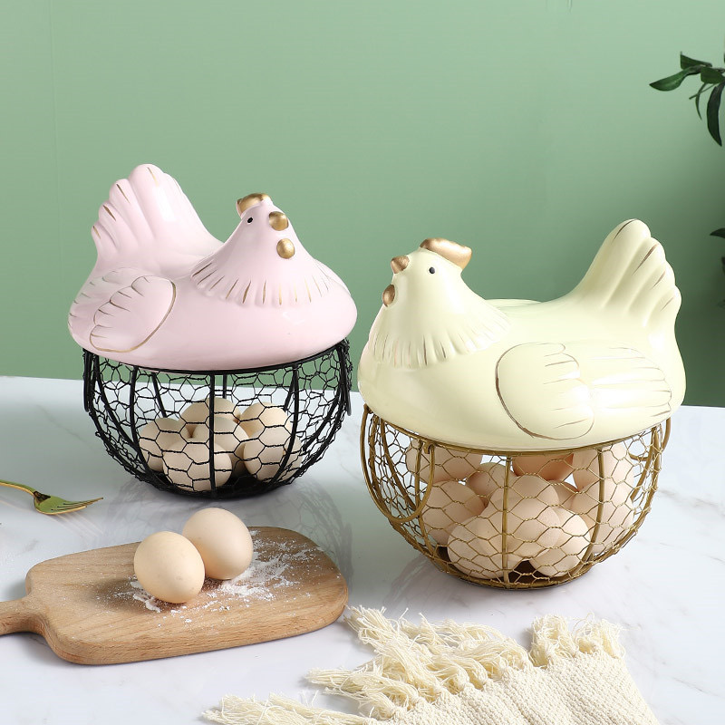 Egg Holder Container Countertop for Fresh Eggs Fruit and Snack Metal Wire Egg Storage Basket Egg Collecting Basket with Ceramic Farm Chicken Cover and Handles 