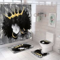 Cool Girl Crown Shower Curtains Black African Style Bathroom Curtain Bath Sets Toilet Cover Mat Non-Slip Washroom Rug Set Gift