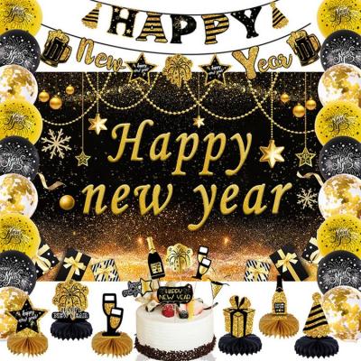 New Year Banner New Years Eve Backdrop 60x40 Inch Colorful Happy New Year Decorations Black Gold New Years Banner For New Year Supplies favorable