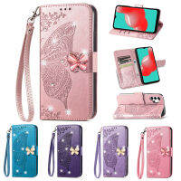 เคสสำหรับ Samsung Galaxy S23 S21 S20 S22 Plus Ultra FE Lite 4G 5G กระเป๋าสตางค์สายคาดที่คล้องข้อมือผีเสื้อลายนูนมีขาตั้งฝาพับหนังสำหรับผู้หญิง Case