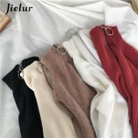 Jielur Knitted Women Zipper High Neck Sweater Pullovers Turtleneck Autumn Winter Basic Women Sweaters Slim Fit Black Pull Femme