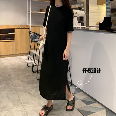 T Shirt Dress Women Summer Casual Loose Dresses Short Sleeve O Neck Tunic Long Maxi Side Slit Solid Color Dress Oversize Clothes