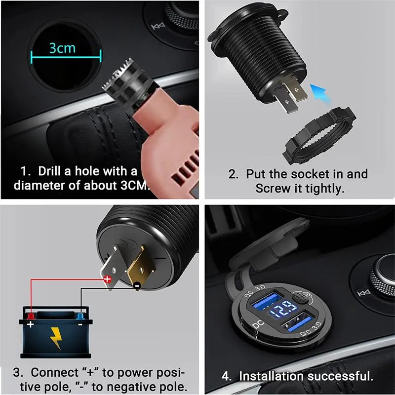 2x 12v Usb Outlet, Dual Qc 3.0 Usb Car Charger With Switch, 36w Usb Power Outlet  Charger(with 1.1in
