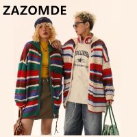 ZAZOMDE Knitwear Hollow Out Cardigan Sweater Trend Casual Tops Autumn Outerwear Korean Style Loose Couple Striped Sweater Coat