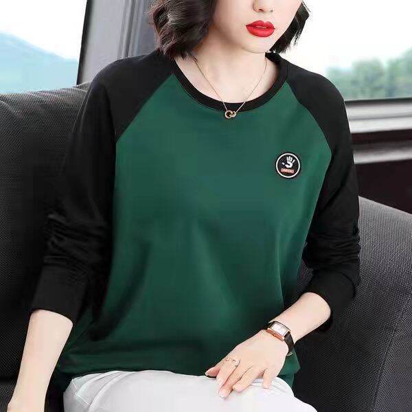 M-5Xl Free Shipping 100 Kg Fat Female Can Wear Spring And Autumn Splicing  Color Long Sleeve T-Shirt For Women Tops Plus Size Loose Korean Trendy  Green Raglan Sleeves Shirt Ladies Tee |