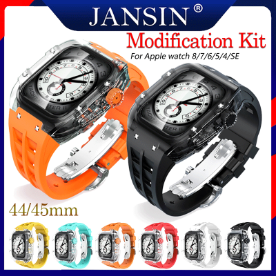 jansin สาย สำหรับ Apple Watch Series 8 7 45mm สายนาฬิกา ยางสายและเคสป้องกัน Modification Kit สีใส เคส For i Watch band SE 2022 6 5 4 44mm