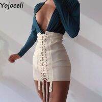 Yojoceli Elegant lace up white bodycon skirts womens Autumn short high waist skirt Casual party black female bottoms