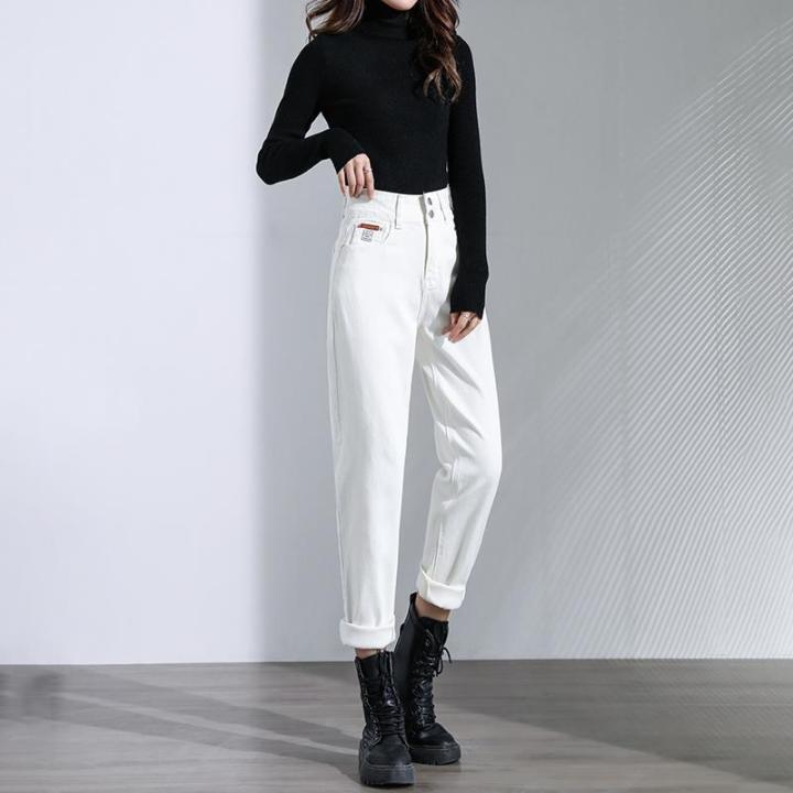 กำมะหยี่สีขาวสามกางเกงยีนส์ผู้หญิงเอวสูงหลวม-slimming-2022ฤดูใบไม้ร่วงและฤดูหนาว-harem-ใหม่ขอบม้วน-daddy-กางเกง