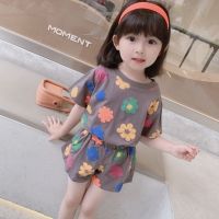 Female childrens wear flowers suit 2023 day of baby girls thin女童装花朵套装2023儿童天超萌女宝宝薄款短袖两件套T818z