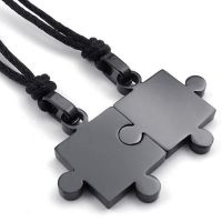 Jonline24h 2pcs Mens Womens Couples Stainless Steel Puzzle Pendant Love Necklace Set Black Silver