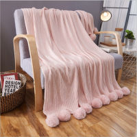 100% cotton high quality throw stripe knit blanket with ball white, gray, pink, green blanket for sofa air conditioning blanket