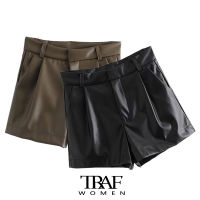 TRAF Za Women Chic Fashion Side Pockets Faux Leather Shorts Vintage High Waist Zipper Fly Female Short Pants Mujer