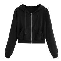 ✴ﺴ Sexy Zipper Hoodies Drawstring Sweatshirt Women Crop Jacket Casual Solid Long Sleeve Pocket Shirt Thin Short Tops Ropa Mujer