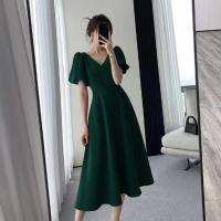 COD DSTGRTYTRUYUY Red Dress Women 2022 Summer New Style Hepburn v-Neck Puff Sleeve Temperament Lady a-Line Skirt Mid-Length