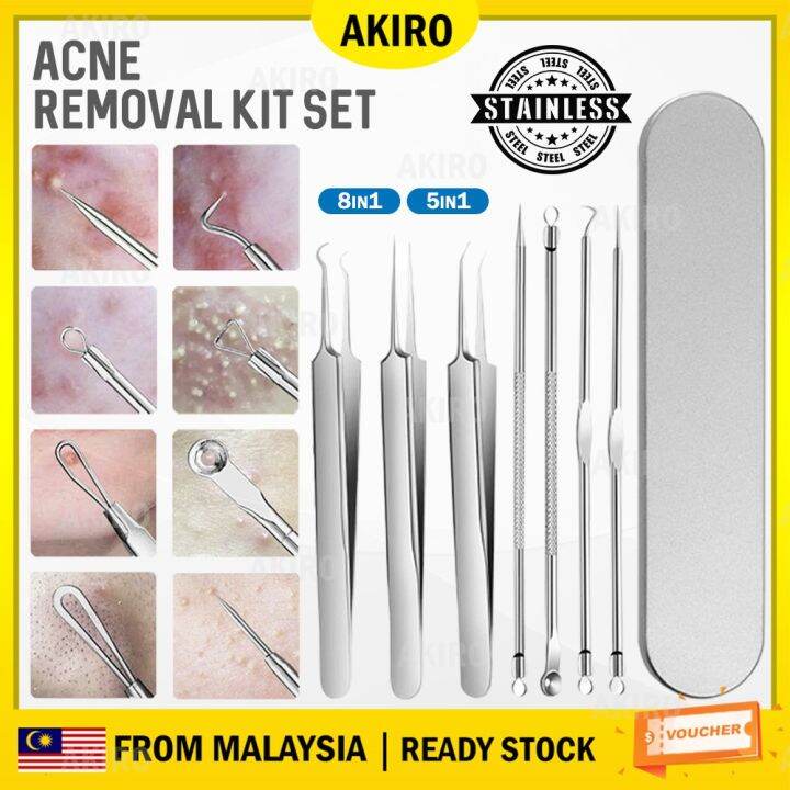 AKIRO MALAYSIA 8PCS Stainless Steel Acne Extractor Remover Needle Kit