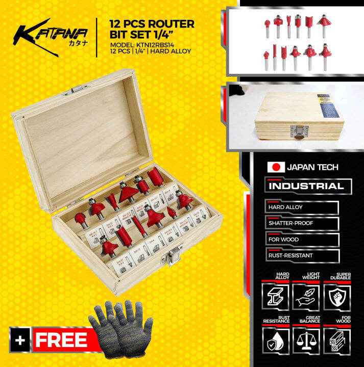 KATANA Japan Tech Industrial 12 Pcs Router Bits Router Trimmer Set 1/4