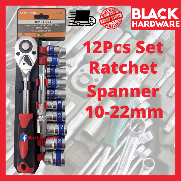 Black Hardware 12pcs 1/2" Drive Ratchet Wrench Ratchet Set Handle