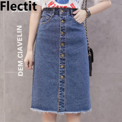 Flectit 2021 Button Front Midi Denim Skirt for Women Casual High Waist Fray Hem with Pocket Knee Length Jeans Skirt Female *