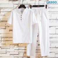 [COD] Chinese style mens summer linen short-sleeved set retro and large size nine-point