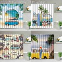 【CW】۞  Bus Camper Van Shower Curtains Surfboard Bathtub Curtain With Hooks