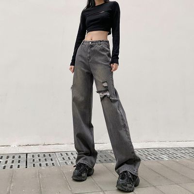 R Washed High Waist Style In Gray Jeans Womens Korean-Style Chic Preppy Style Loose All-Match Ripped Straight Pants Trousers