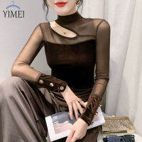 YIMEI เสื้อยืดกำมะหยี่แขนยาวคอปกสูง2023ฤดูใบไม้ร่วง,แฟชั่นของผู้หญิงขนาดใหญ่พิเศษเสื้อเข้ารูปพอดีกาแฟสไตล์เกาหลี