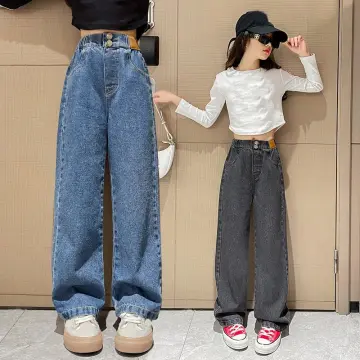 New Spring Girls Pants Pearl Slit Jeans Straight Wide leg Denim Trousers 4  5 6 7