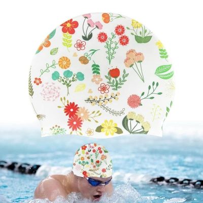 ☋﹉❄ Silicone Swimming Caps Waterproof Flower Cartoon Print Swimming Caps For Men Women Protect Ears Swim Hat